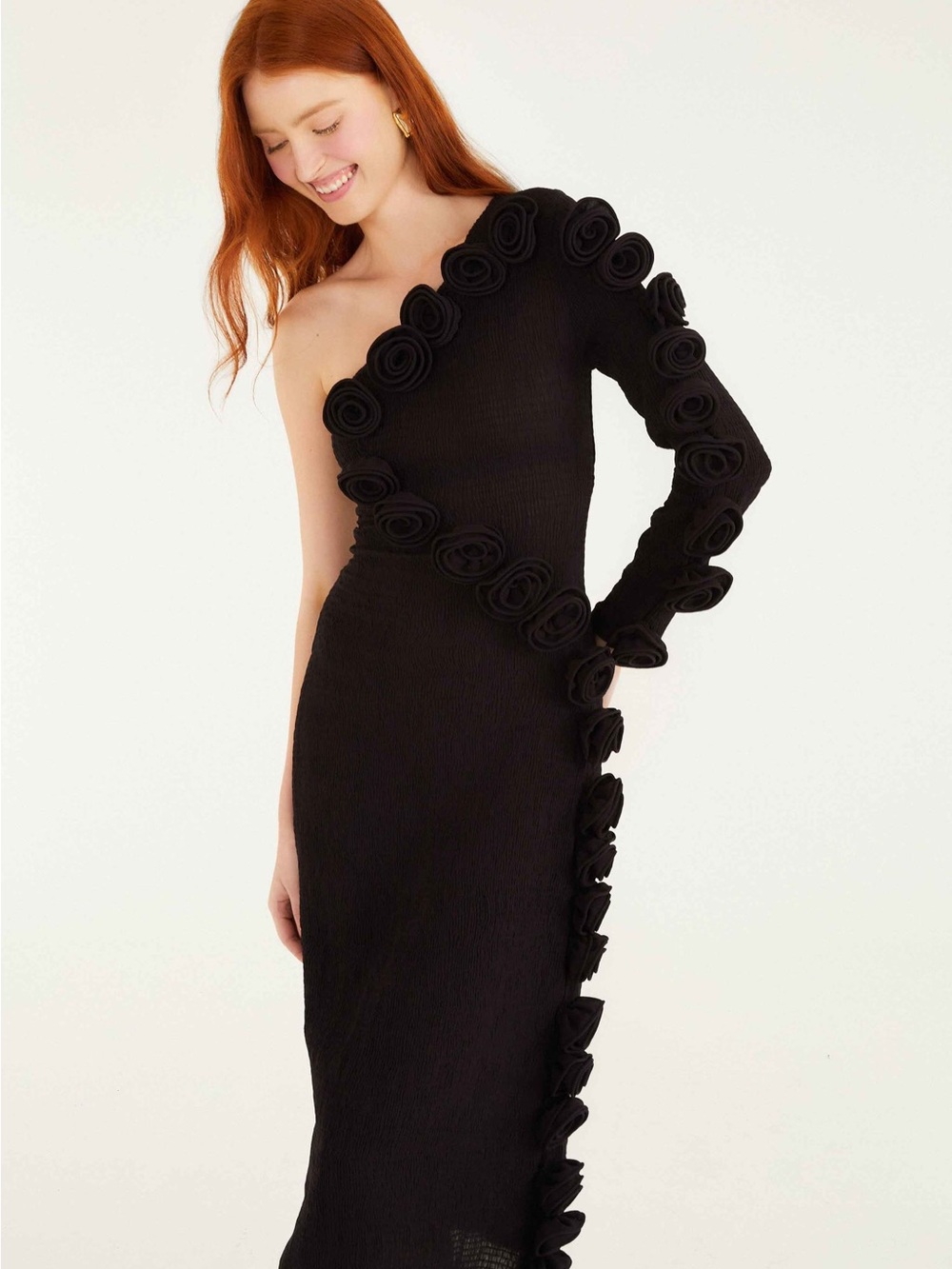 Farm Rio Black 3d Rose One-Shoulder Midi Dress S - Picture 3 of 6